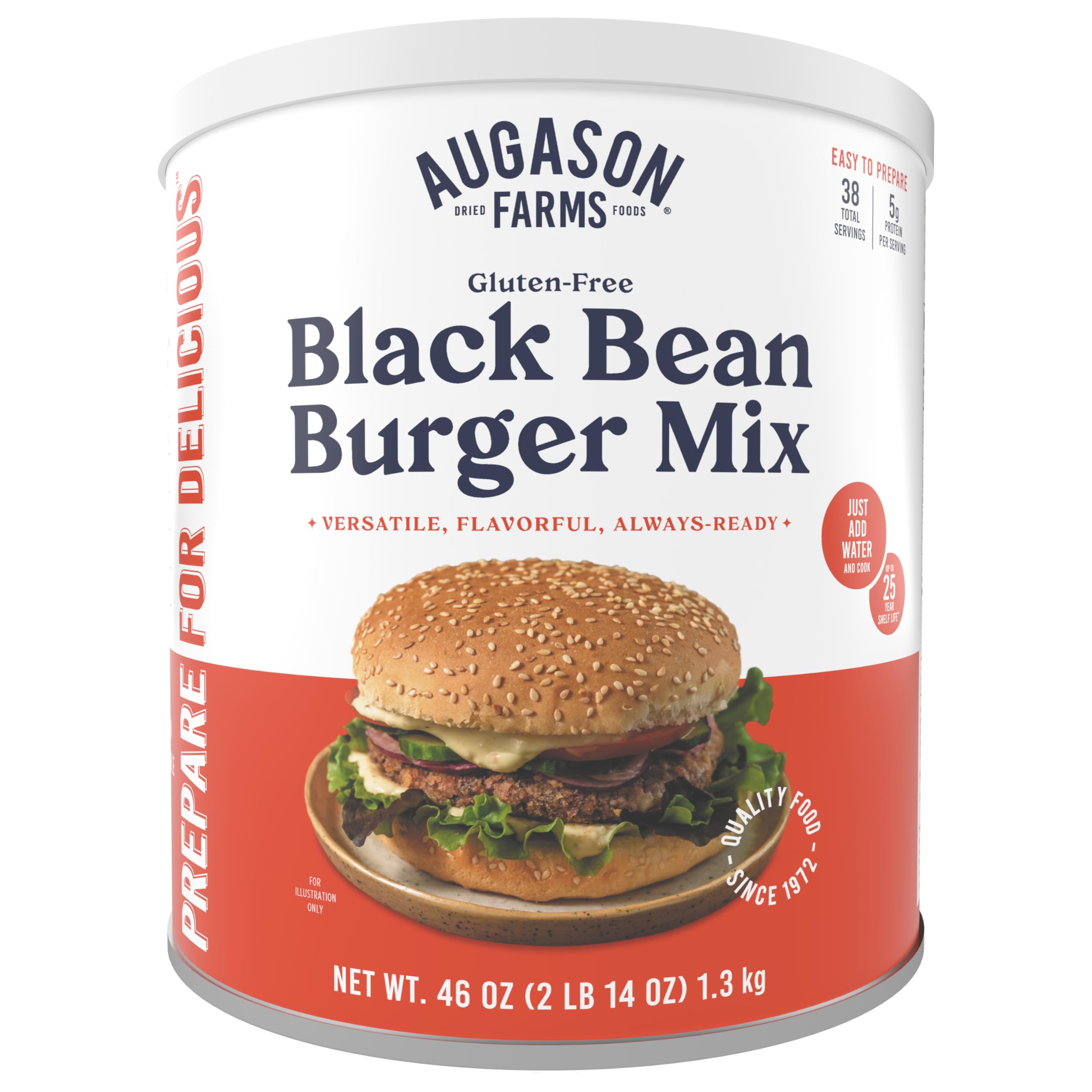 Augason Farms Black Bean Burger Mix can on the counter, a gluten free pantry staple.