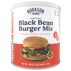 Augason Farms Black Bean Burger Mix can on the counter, a gluten free pantry staple.
