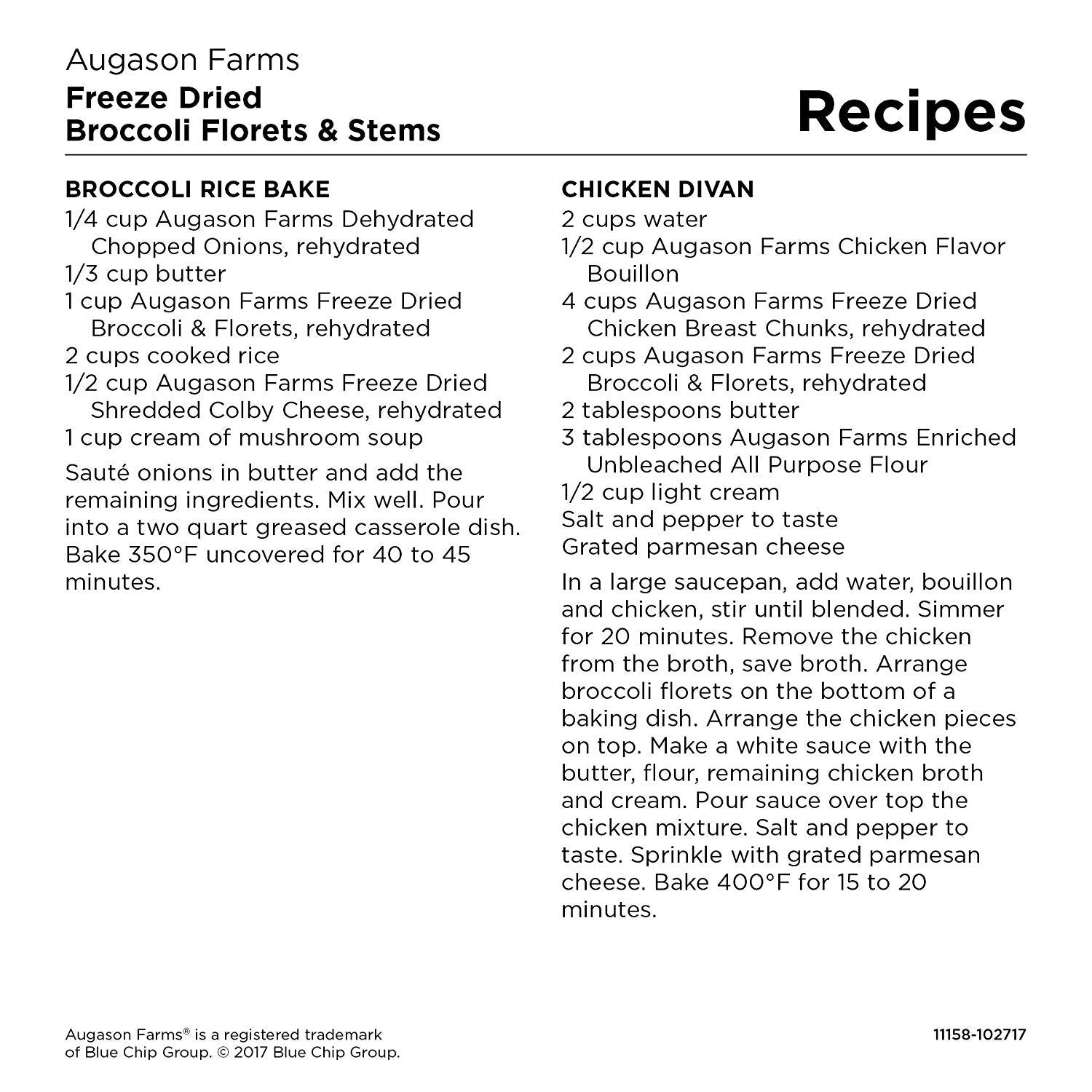 Augason Farms broccoli used in soups and casseroles for easy meals.