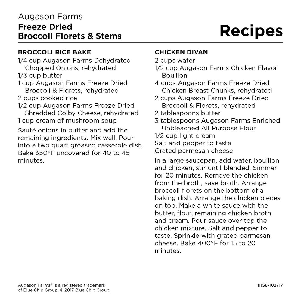 Augason Farms broccoli used in soups and casseroles for easy meals.