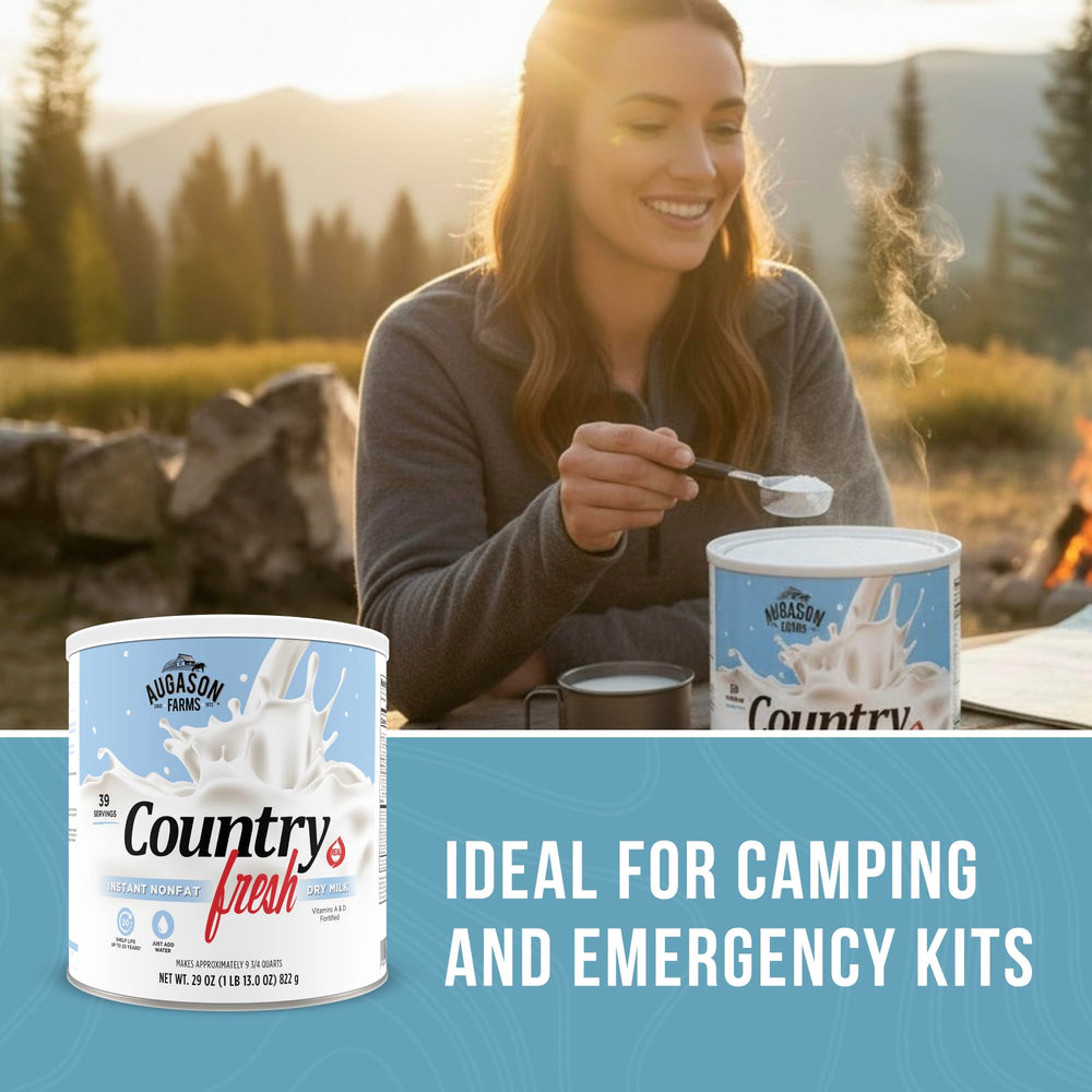 Camping kit with portable dry milk for meals.