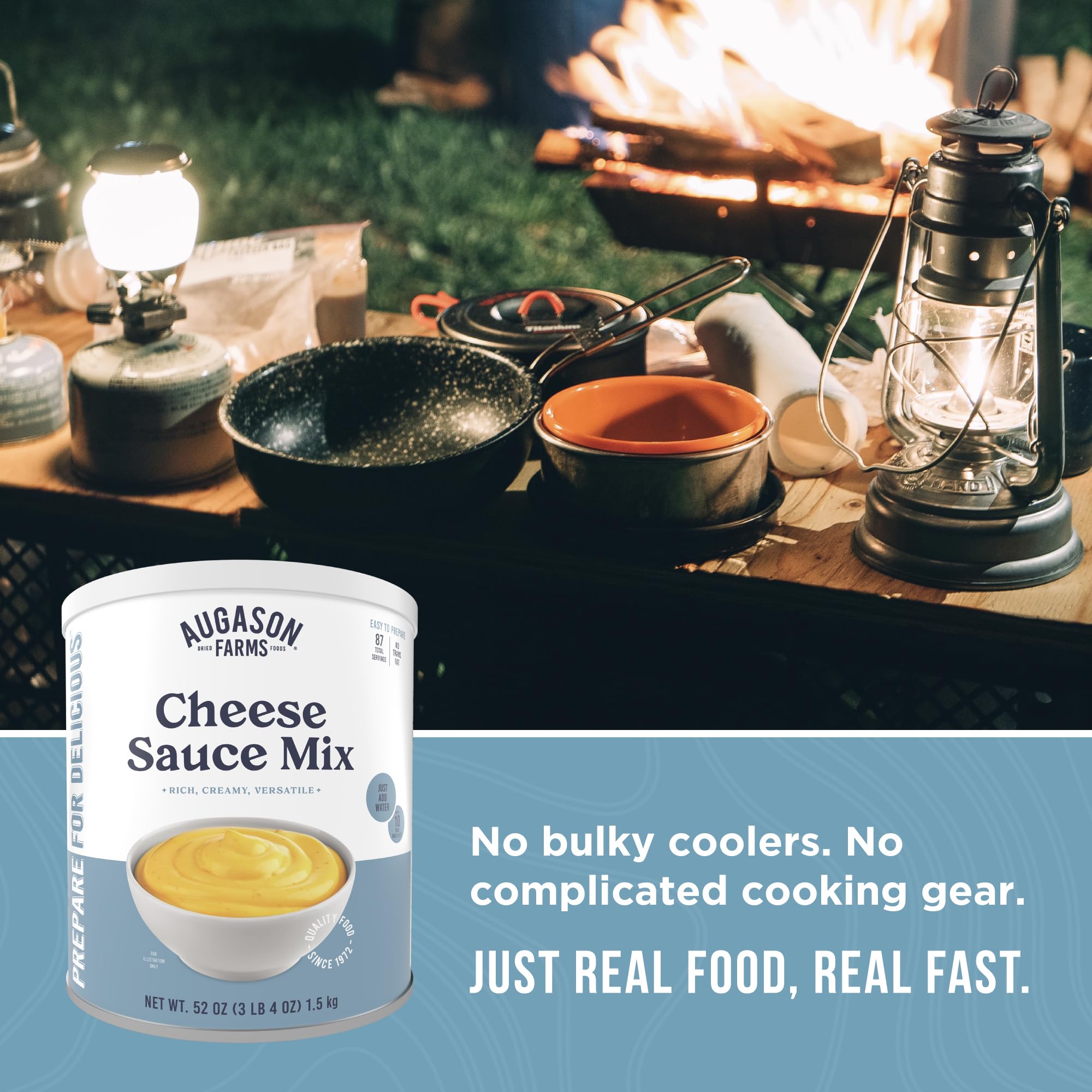 Emergency camping meals benefit from Augason Farms cheese sauce mix.