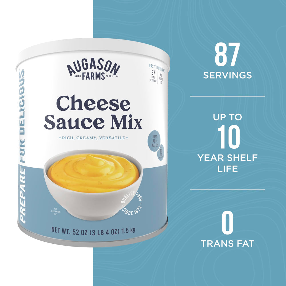 Sauce is poured from Augason Farms Cheese Sauce Mix for dipping and meals.