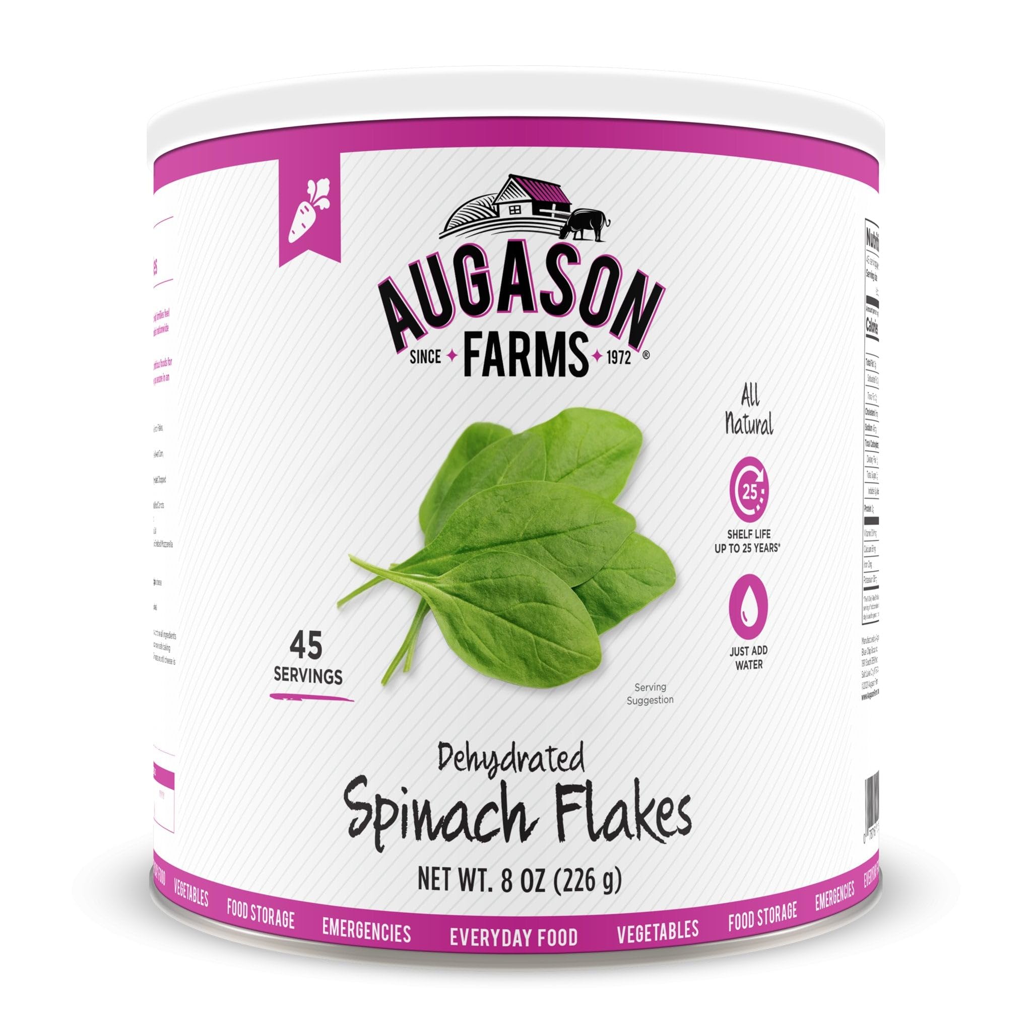 Augason Farms dehydrated spinach flakes can for long-term storage and quick versatile meals.