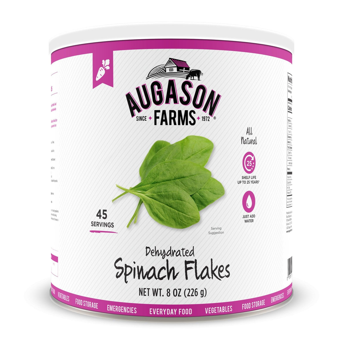 Augason Farms dehydrated spinach flakes can for long-term storage and quick versatile meals.