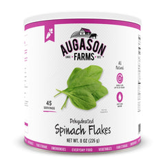 Augason Farms dehydrated spinach flakes can for long-term storage and quick versatile meals.