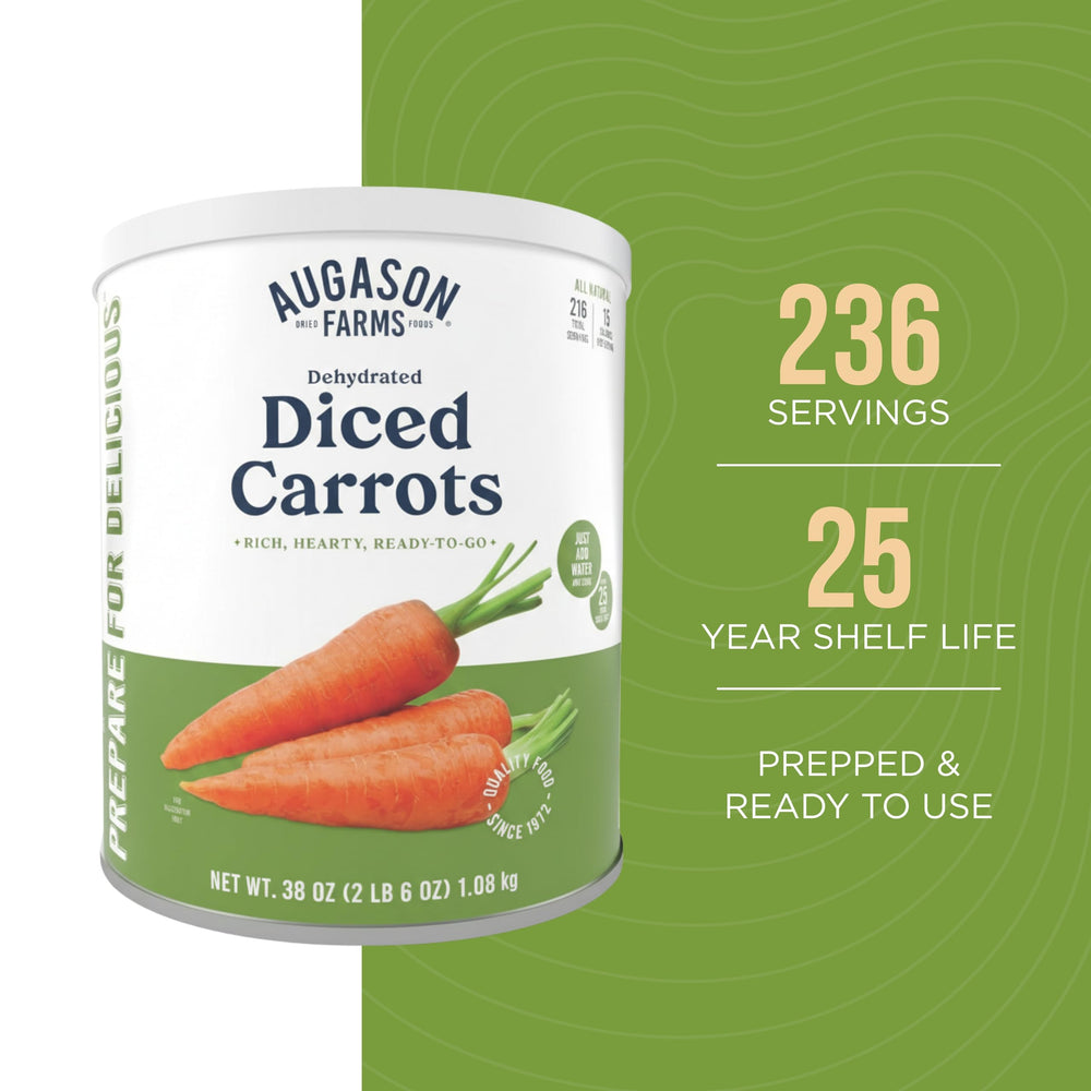 Augason Farms Diced Carrots can nutrition label highlighting shelf life.
