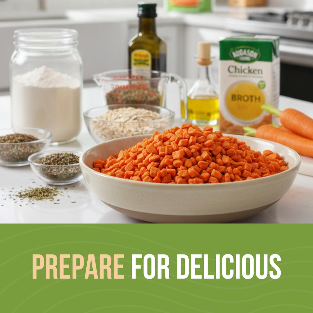 Augason Farms Diced Carrots in a casserole dish for dinner prep.