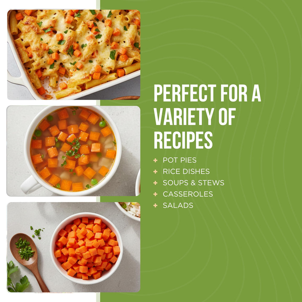 Augason Farms Diced Carrots in casserole-ready cooking context.