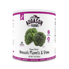 Augason Farms freeze-dried broccoli florets and stems can front for long shelf-life emergency storage.
