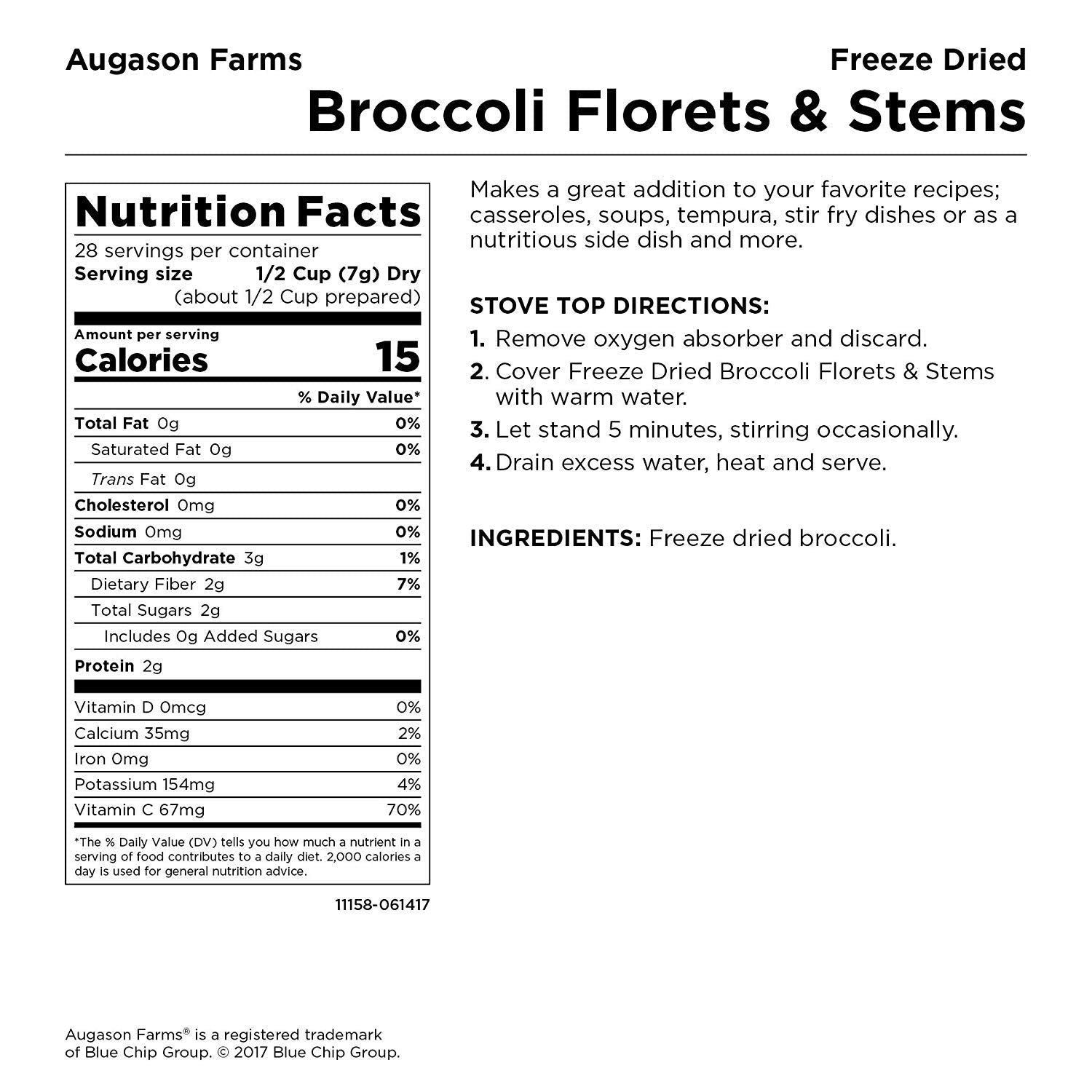 Augason Farms broccoli ready-to-eat snack for quick veggie boost.
