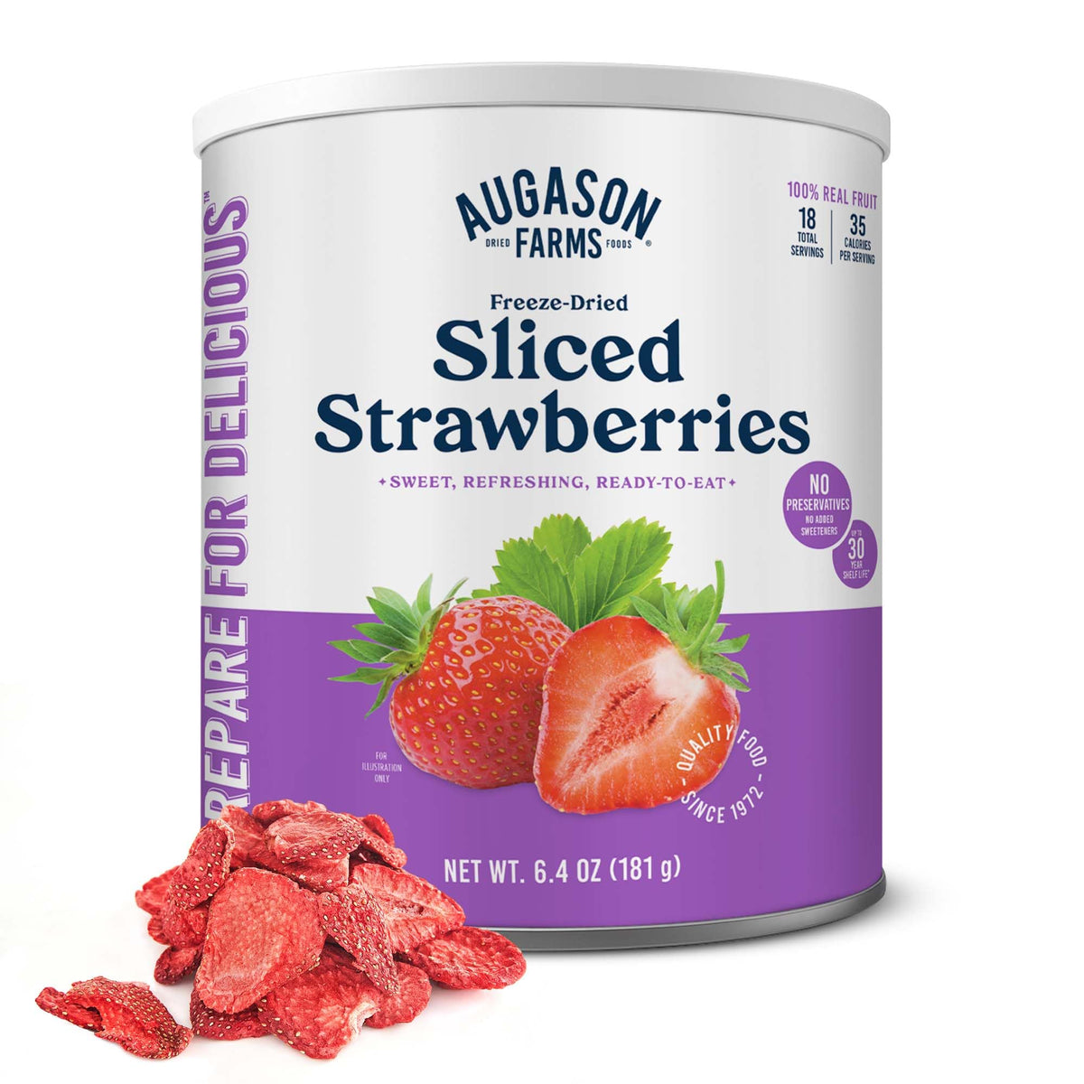Augason Farms freeze-dried sliced strawberries can; glossy berries for snacking and cereal topping.