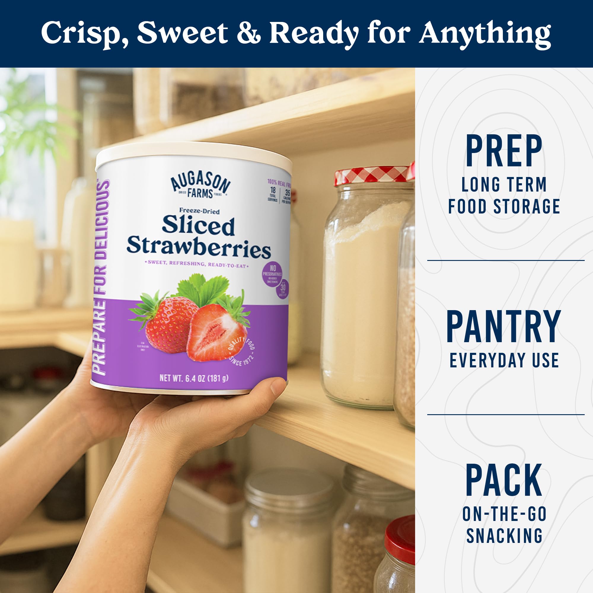 Augason Farms freeze-dried sliced strawberries can; vibrant berries for baking recipes.