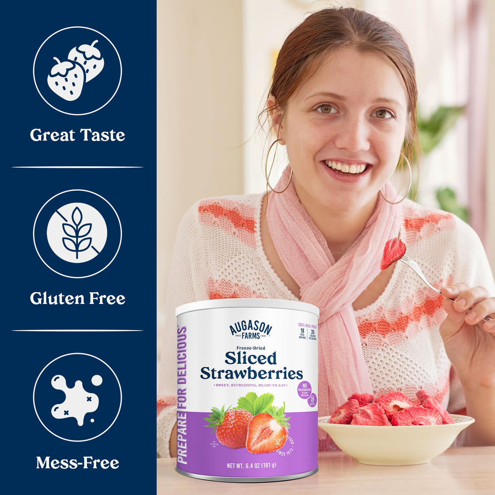 Augason Farms freeze-dried sliced strawberries can; convenient pantry fruit for smoothies.
