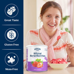 Augason Farms freeze-dried sliced strawberries can; convenient pantry fruit for smoothies.