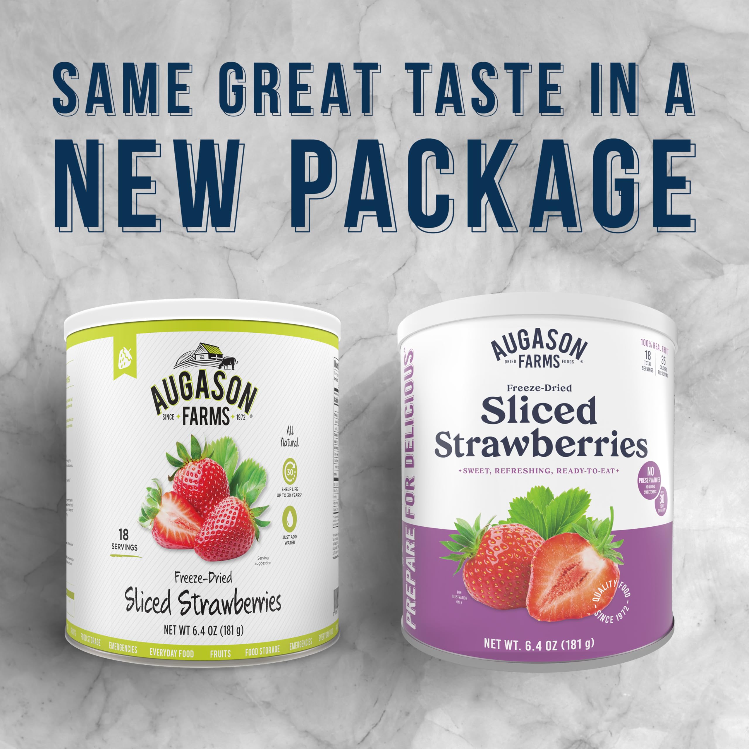 Augason Farms freeze-dried sliced strawberries can; long shelf life in proper storage.
