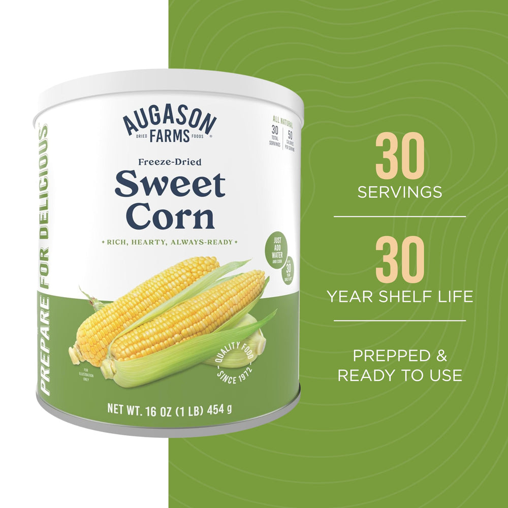 Augason Farms freeze-dried sweet corn snack ready for on-the-go munching with long shelf life.
