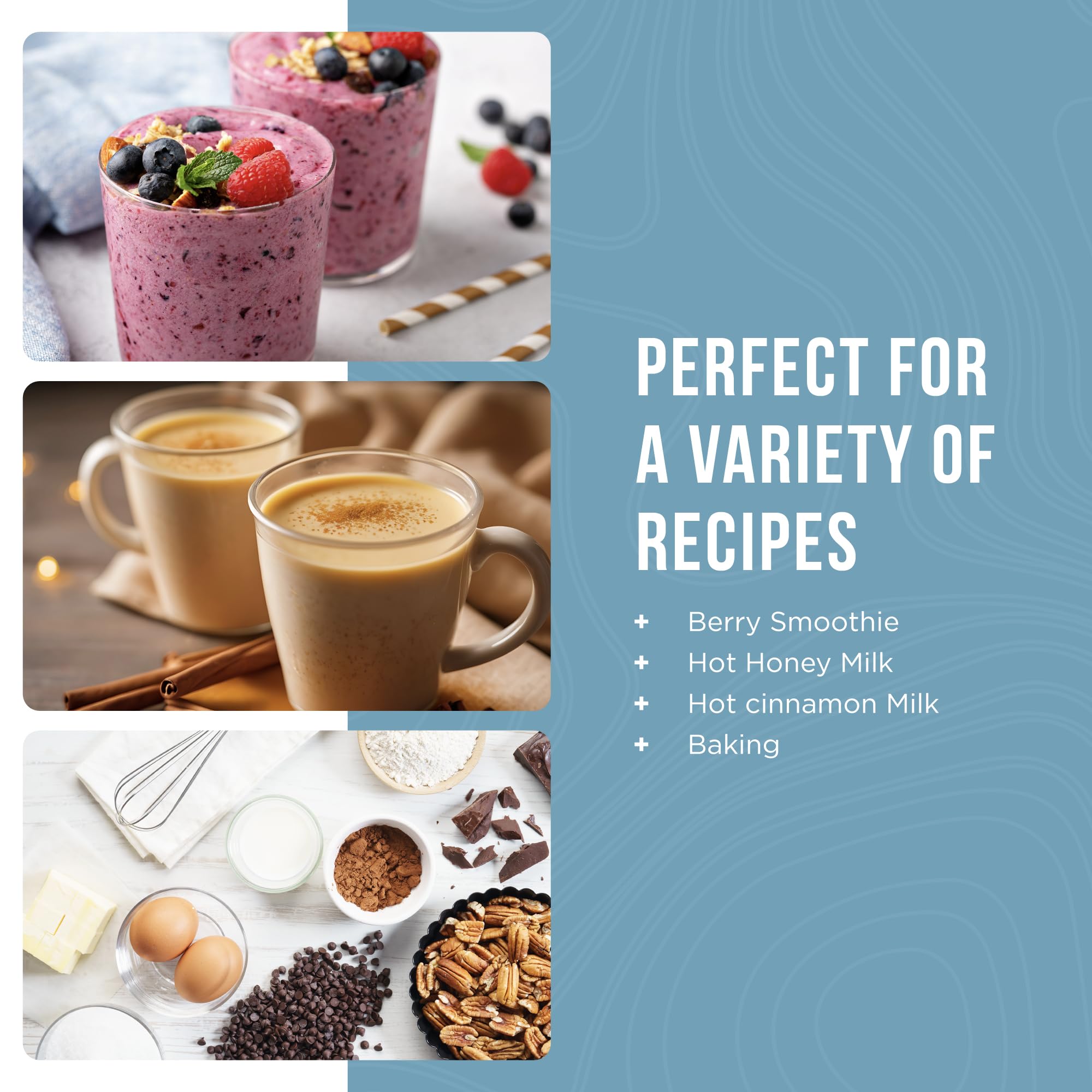 Gluten-free fortified milk powder in ready-to-use packaging.