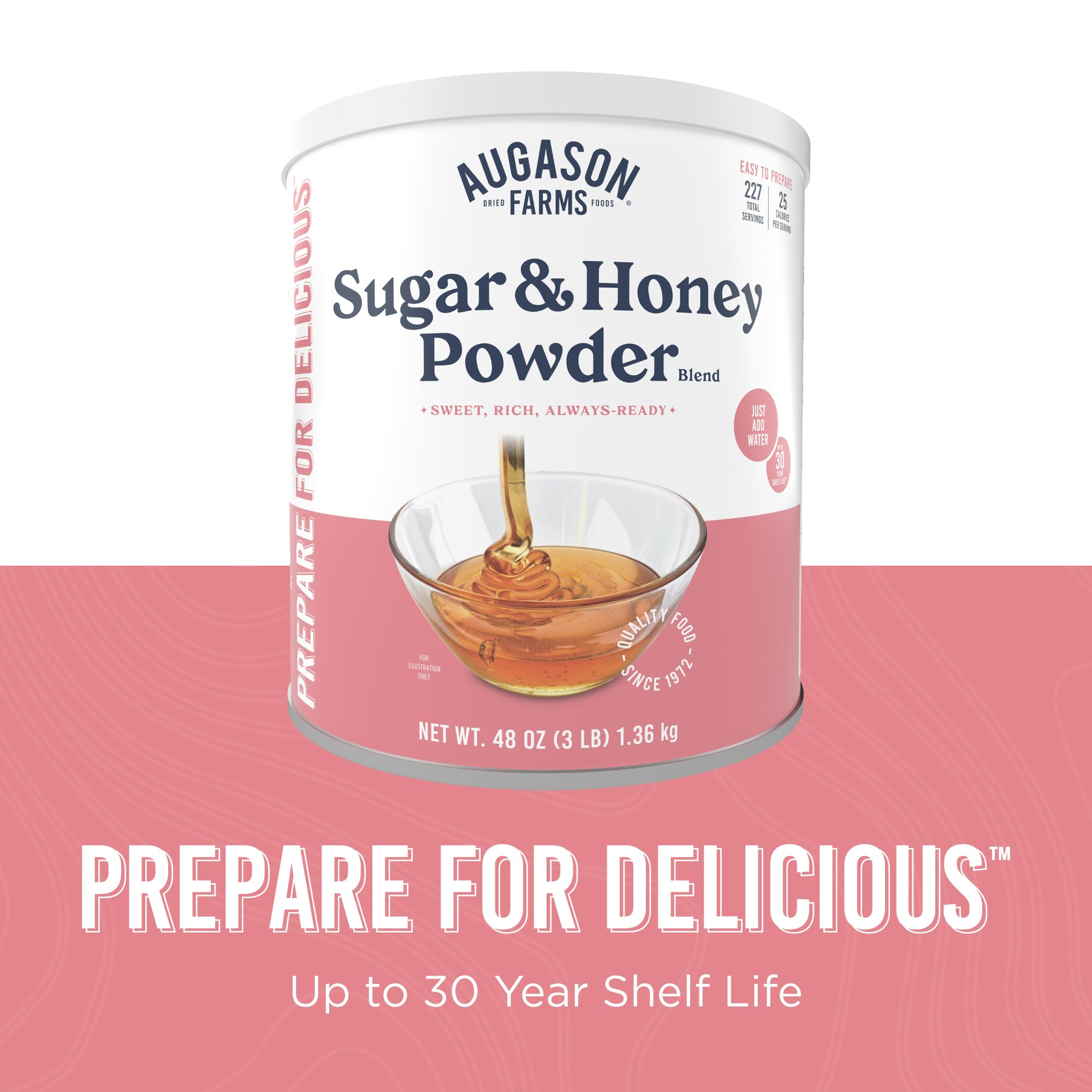 Augason Farms baking-ready honey-sugar powder enhances desserts and breakfasts.