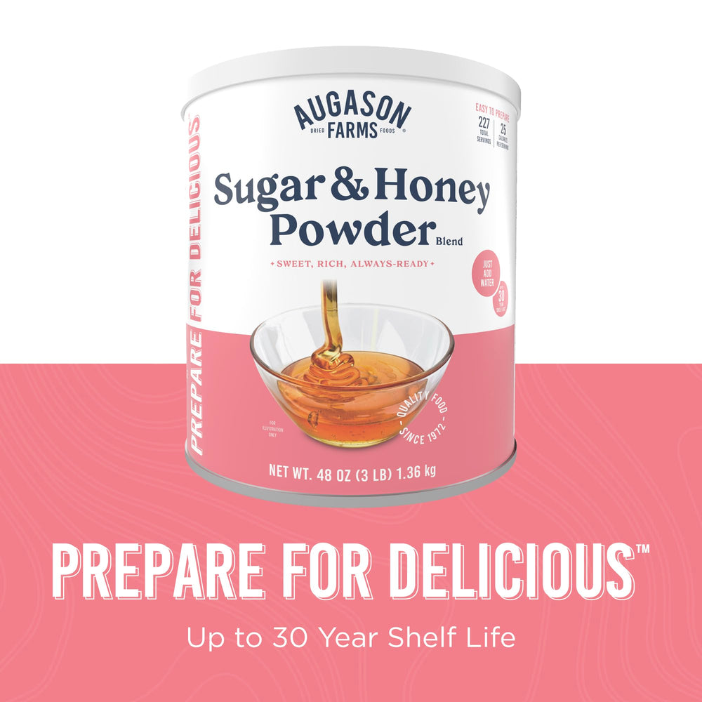 Augason Farms baking-ready honey-sugar powder enhances desserts and breakfasts.