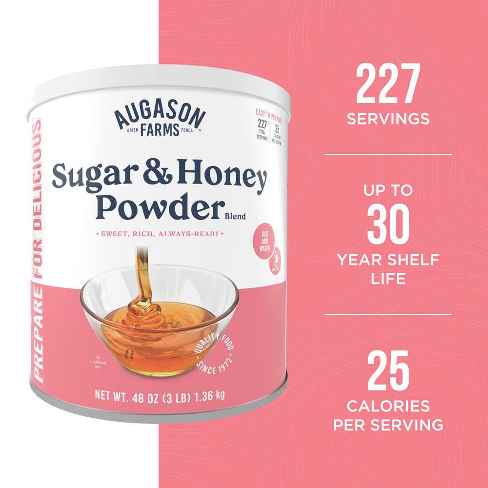 Augason Farms honey-sugar powder mix dissolves in water for liquid honey.
