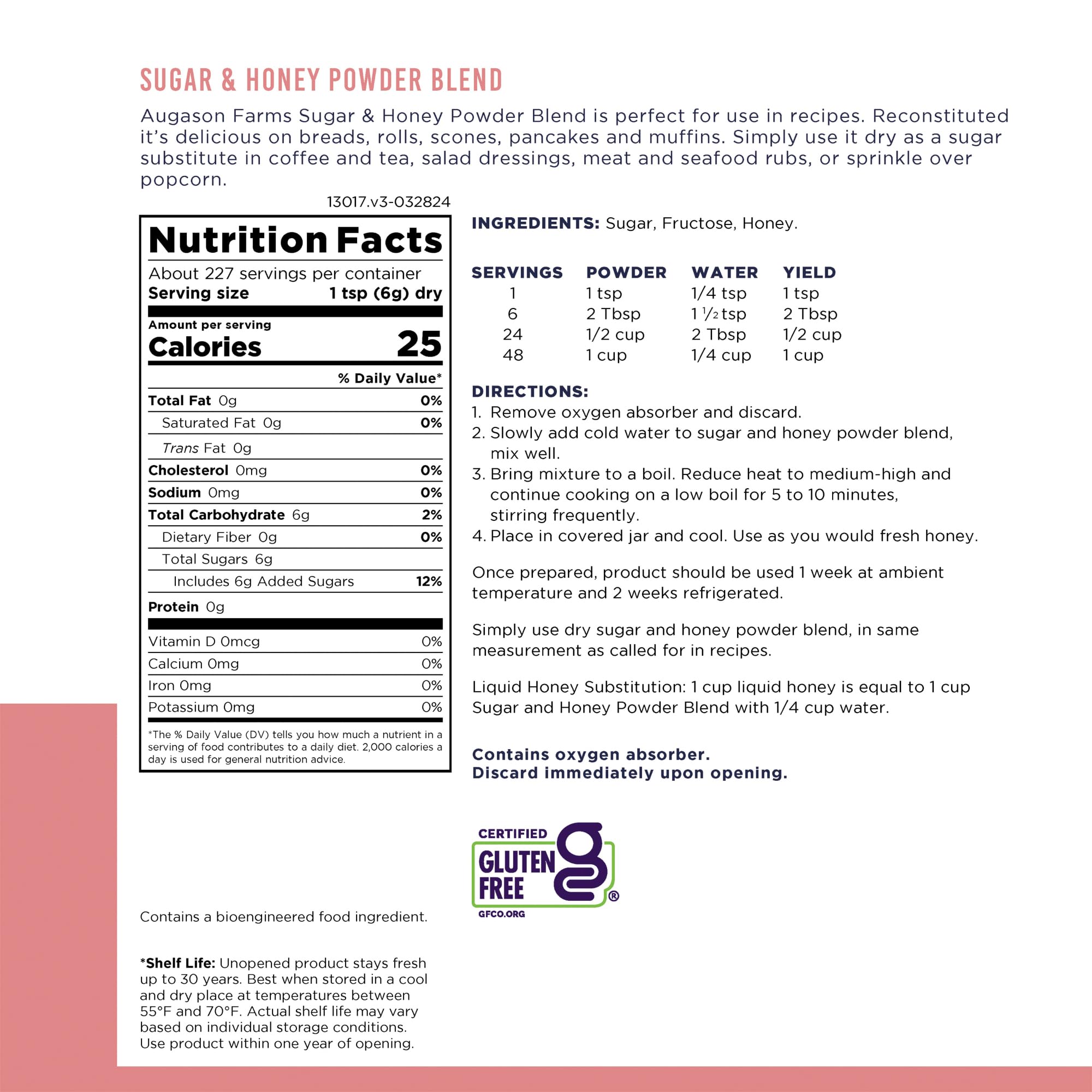 Augason Farms honey-sugar powder with scoop for quick, measured sweetness at breakfast.