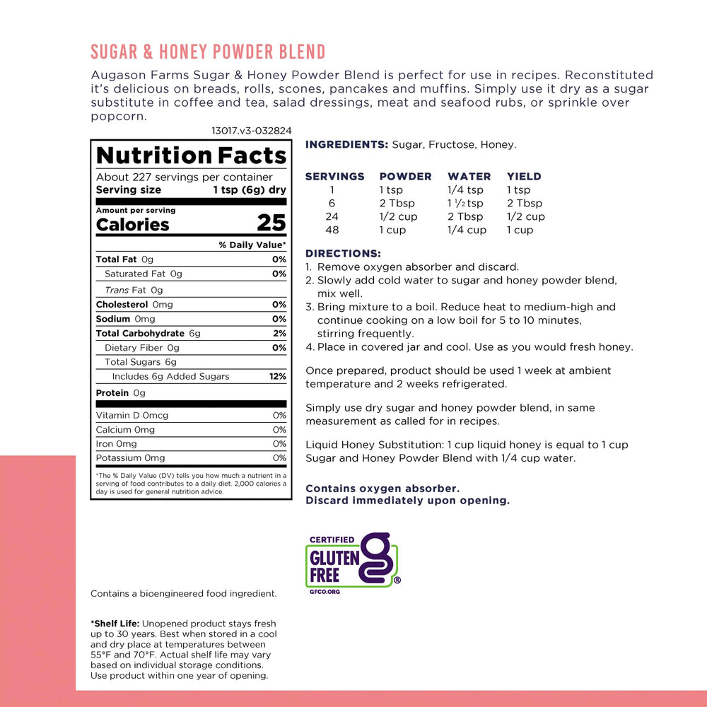 Augason Farms honey-sugar powder with scoop for quick, measured sweetness at breakfast.
