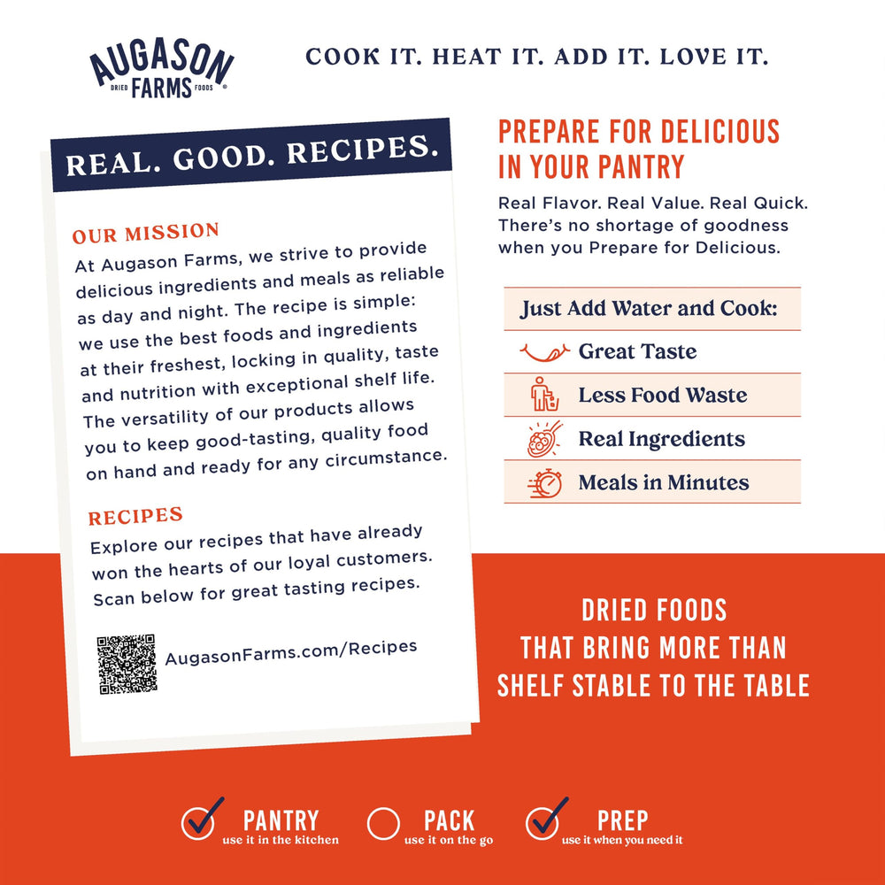 Augason Farms just-add-water visual—simple preparation for a comforting soup.