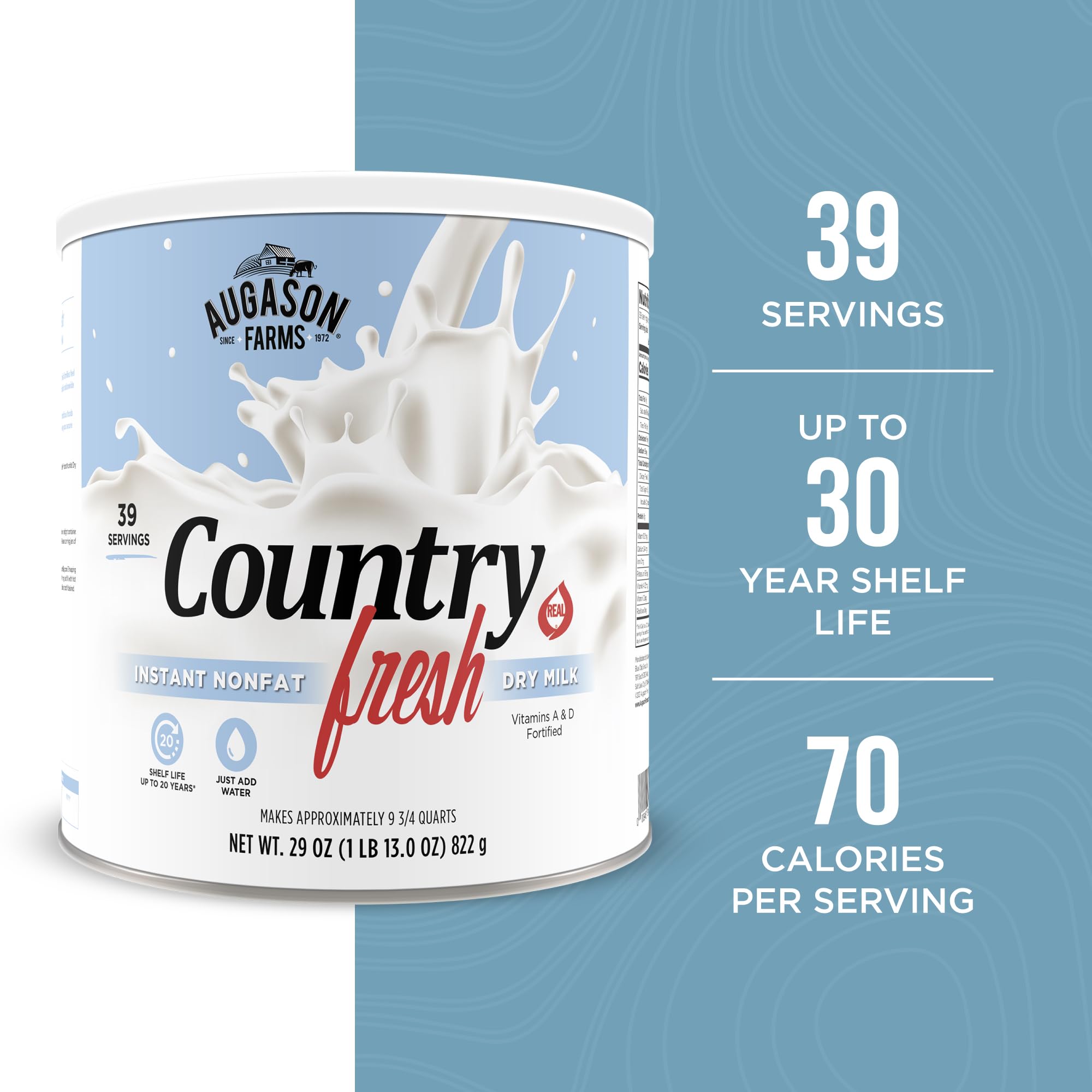 Pouring Augason Farms powder into water for smooth rehydrated milk.
