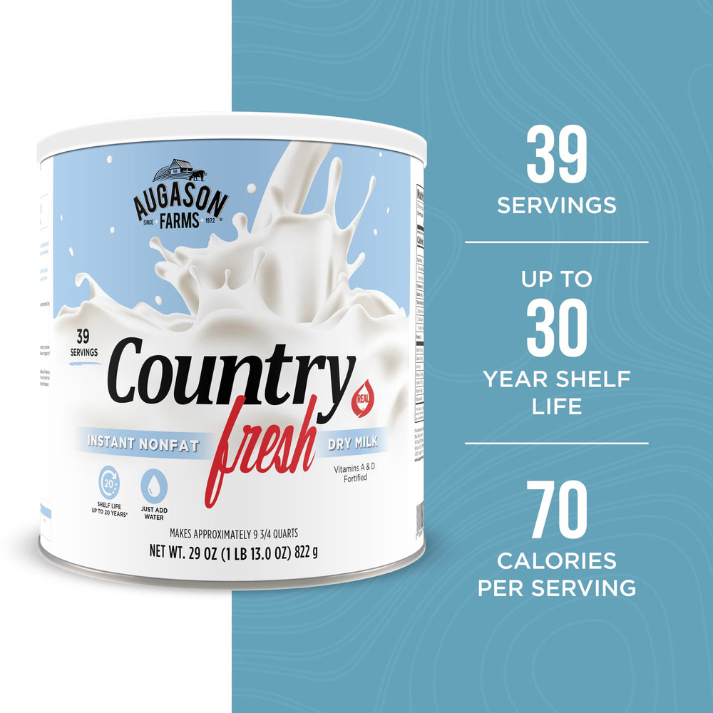 Pouring Augason Farms powder into water for smooth rehydrated milk.
