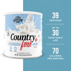 Pouring Augason Farms powder into water for smooth rehydrated milk.