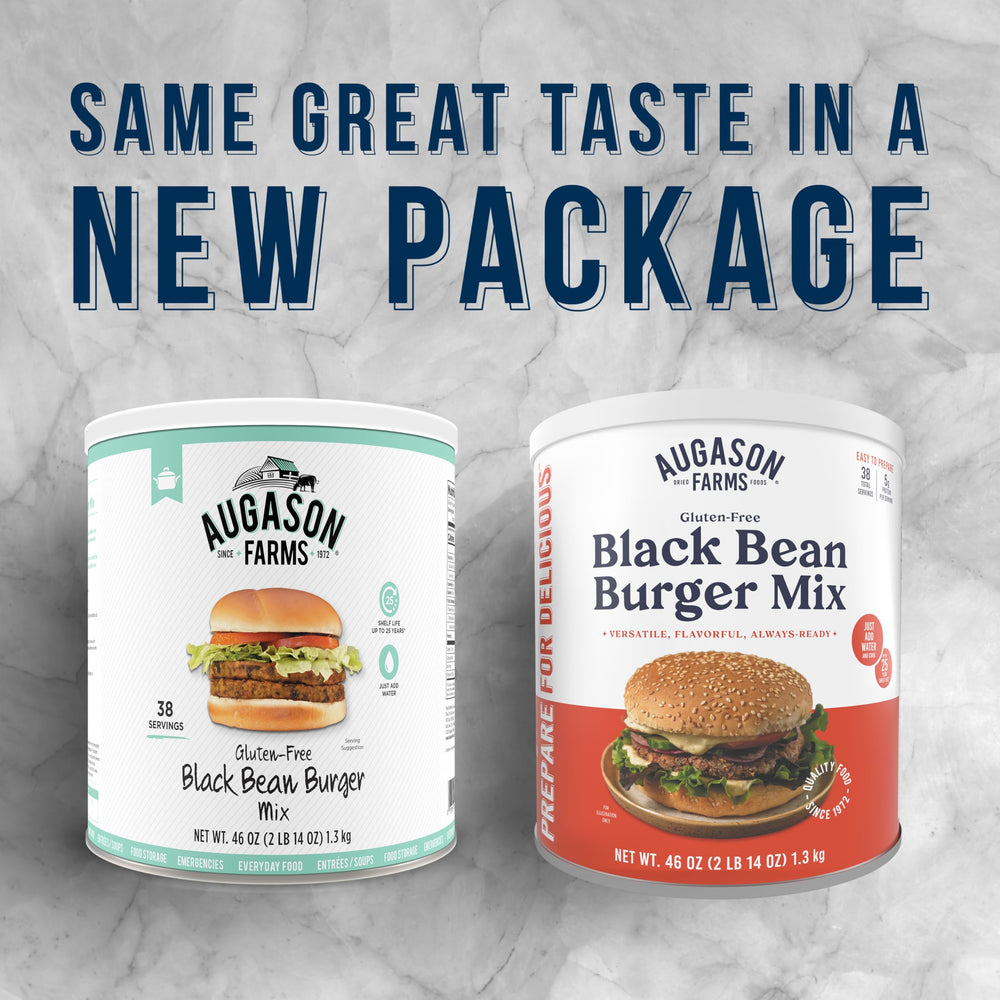 Augason Farms raw black bean burger mix in a small cup for quick prep.