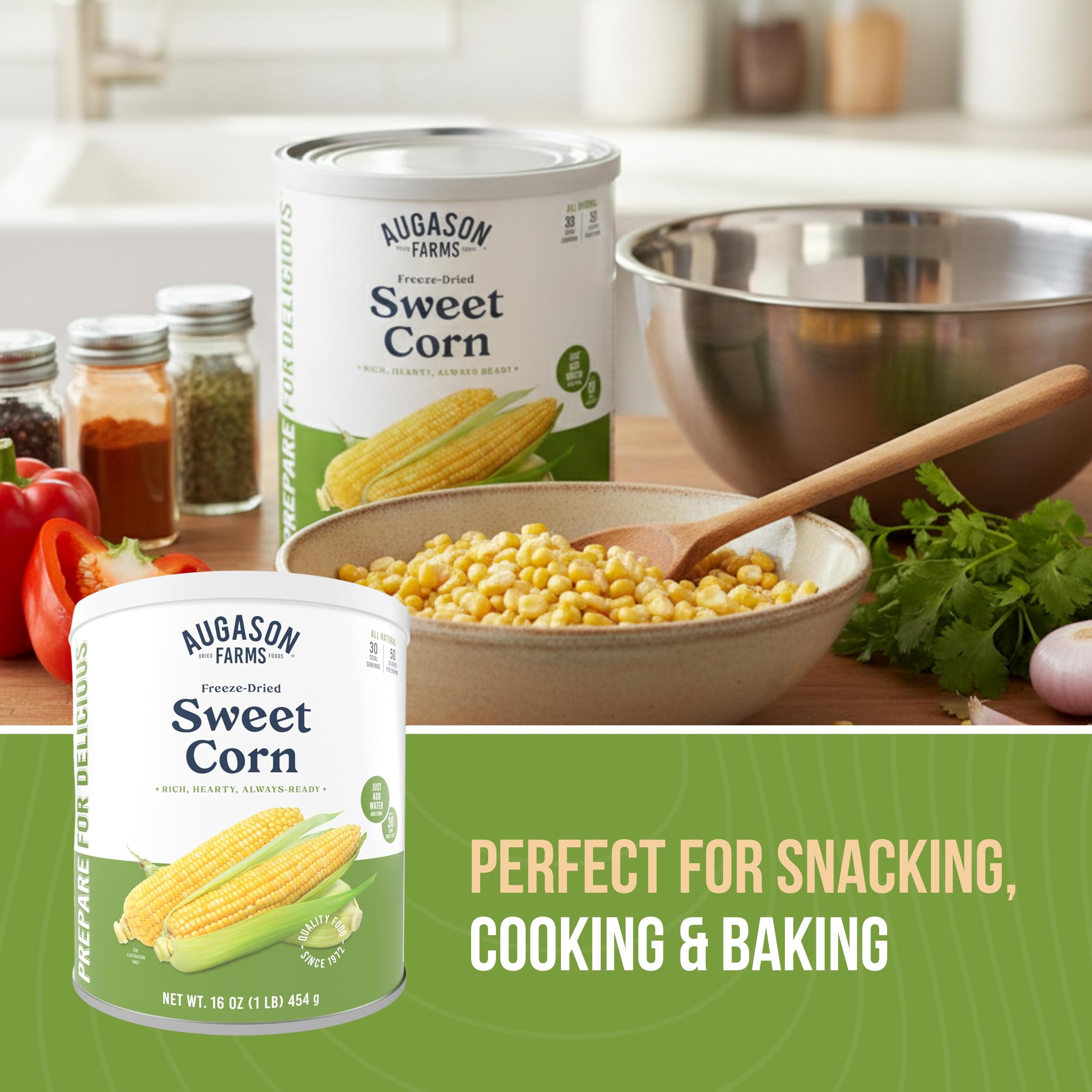 Augason Farms corn enriches soups and chilis with sweetness.