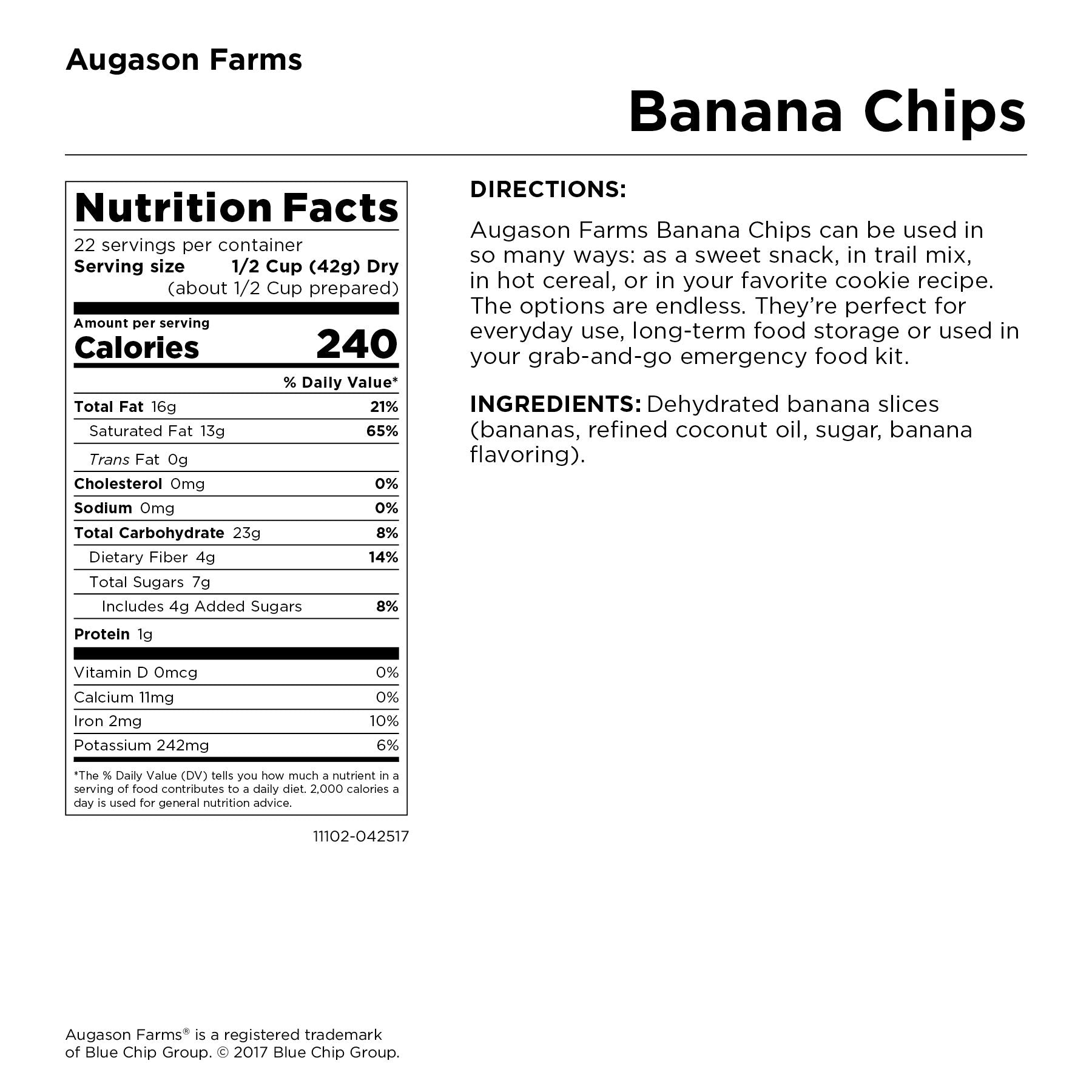 Packaging close-up of Augason Farms banana chips highlighting shelf life benefits.