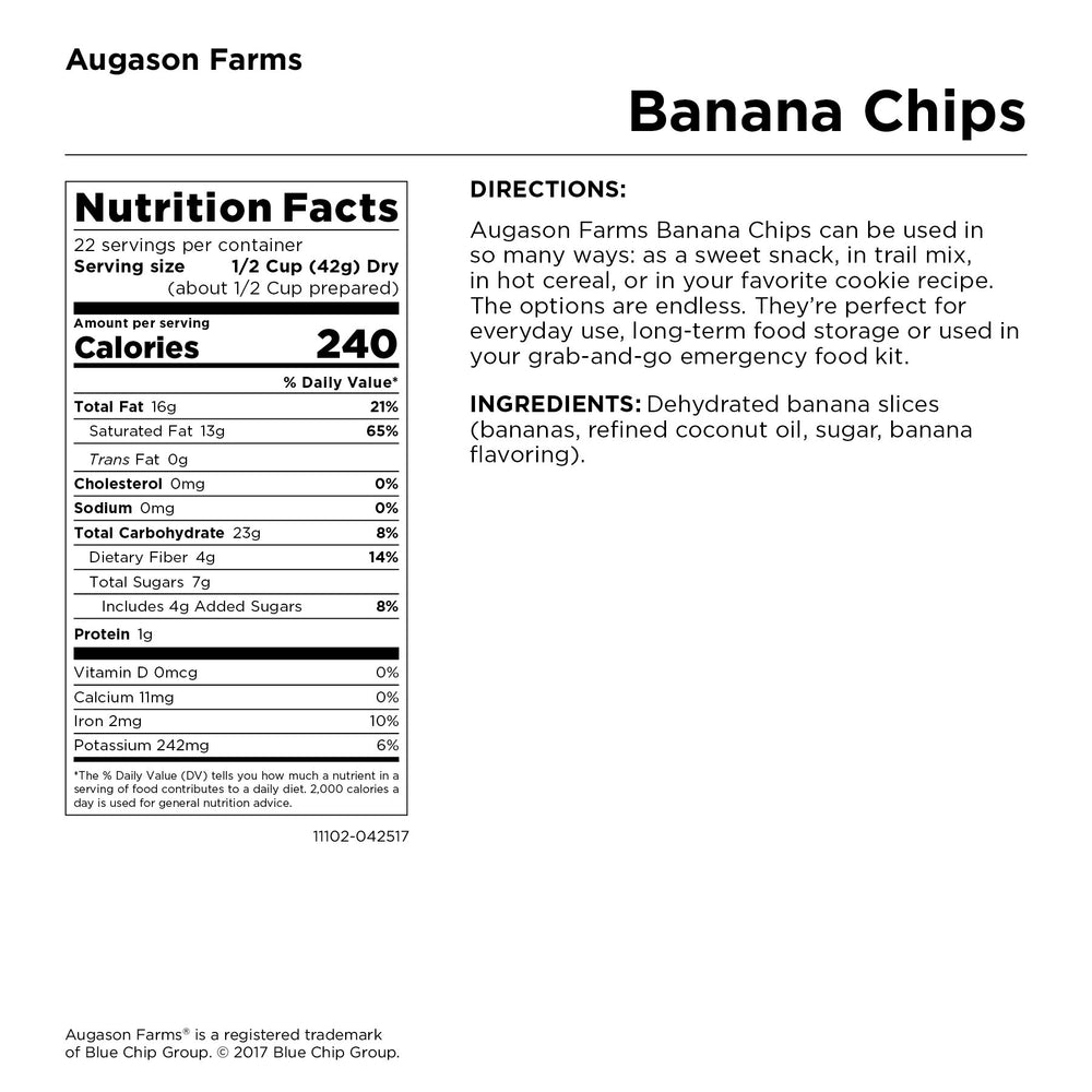Packaging close-up of Augason Farms banana chips highlighting shelf life benefits.