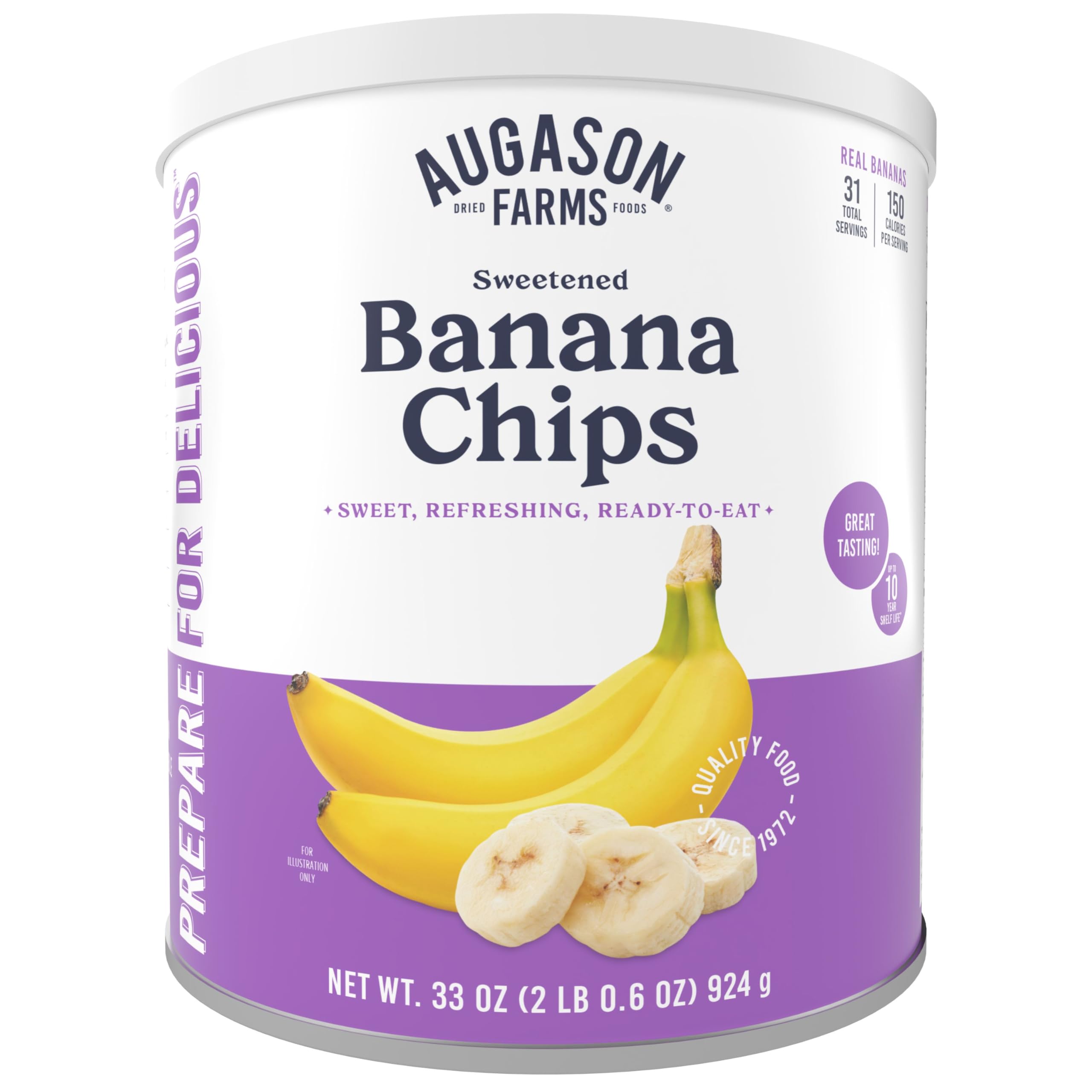 Augason Farms sweetened banana chips as a crisp snack.