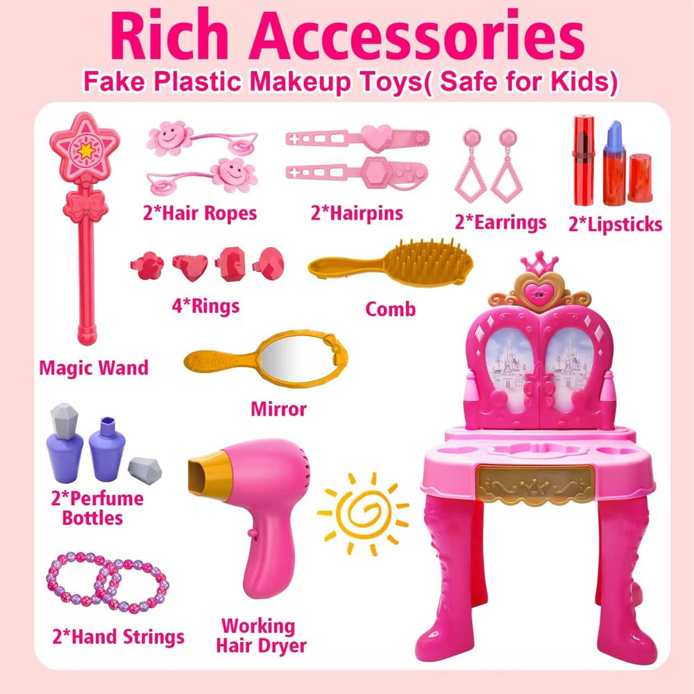 AugToy pink vanity table and chair set for dress-up sessions.