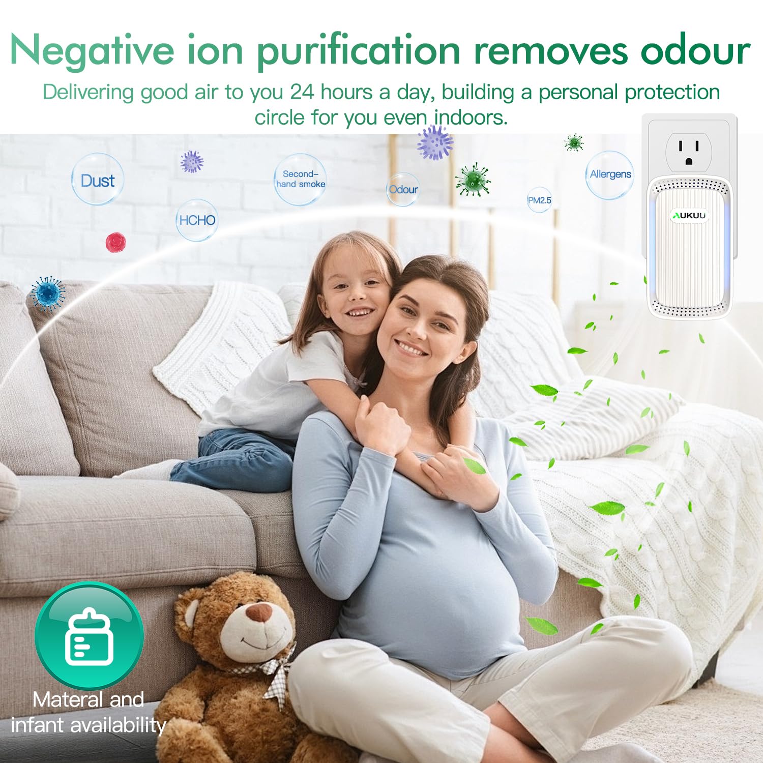 AUKUU odor and smoke removal plug-in purifier for living room scenarios.