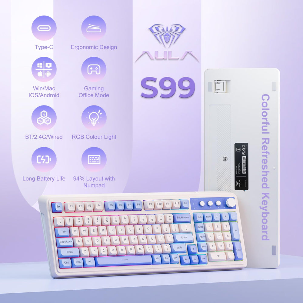 AULA 99-Key Keyboard with media knob for quick volume and lighting control.