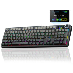 AULA F108 Pro display panel shows battery and backlight controls.