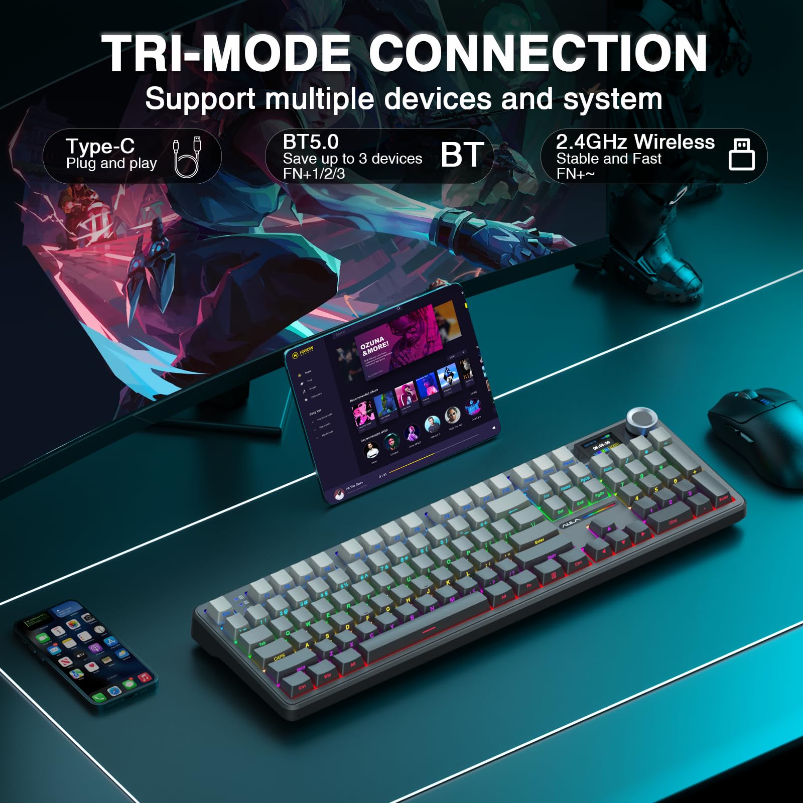 AULA F108 Pro five-layer silicone padding reduces typing noise.