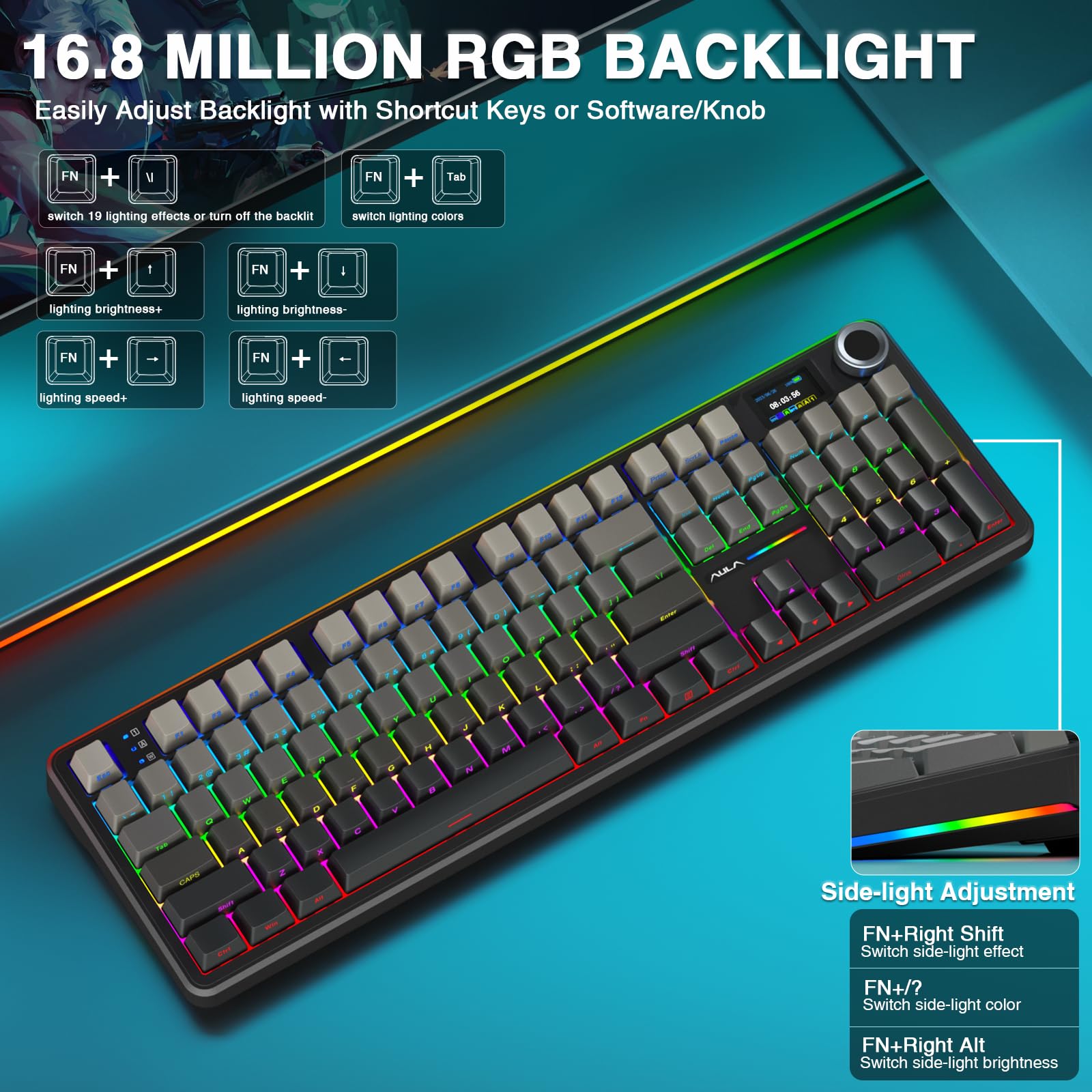 AULA F108 Pro RGB lighting enhances gaming ambience.