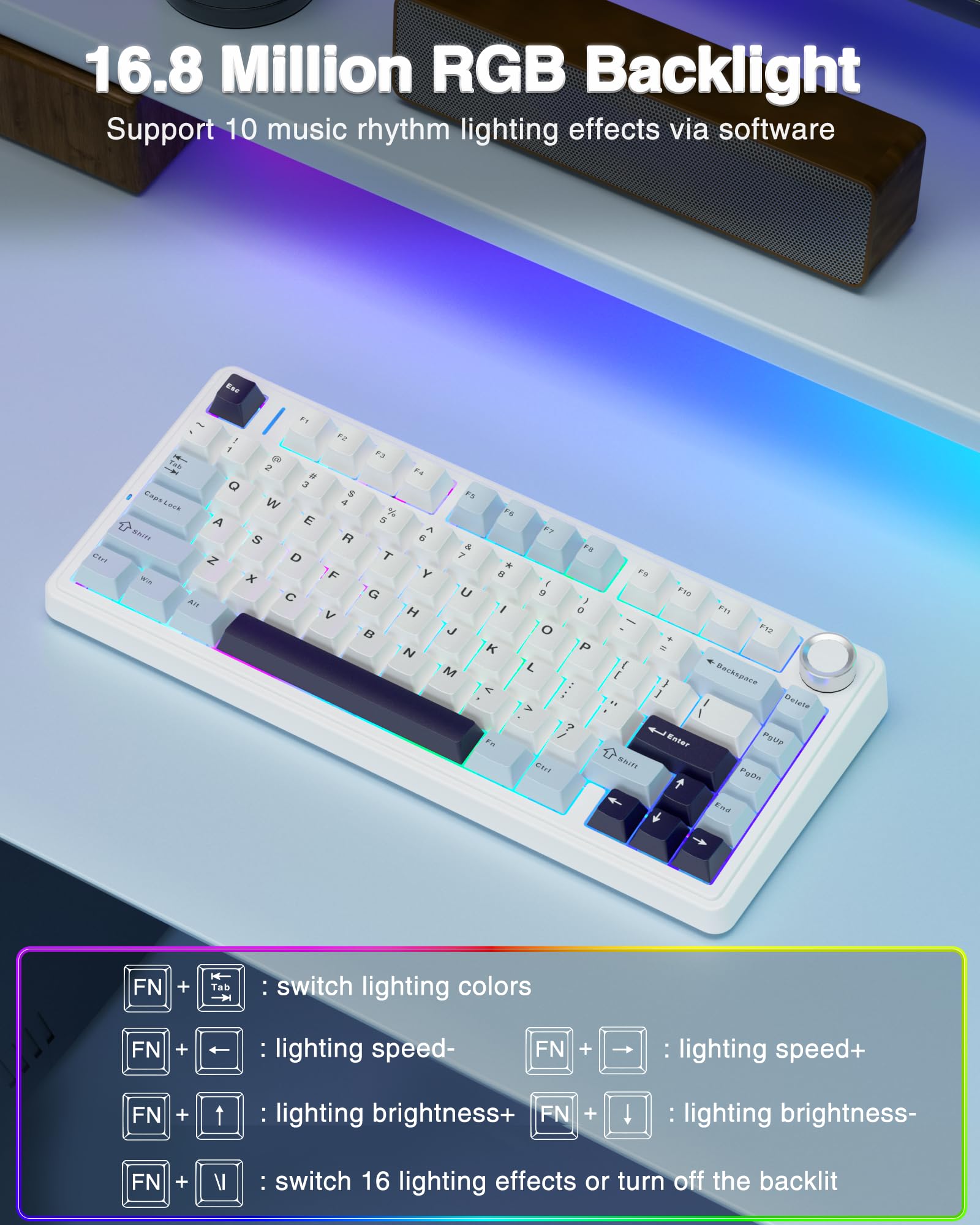 AULA F75 RGB backlighting with adjustable effects for immersive gameplay.