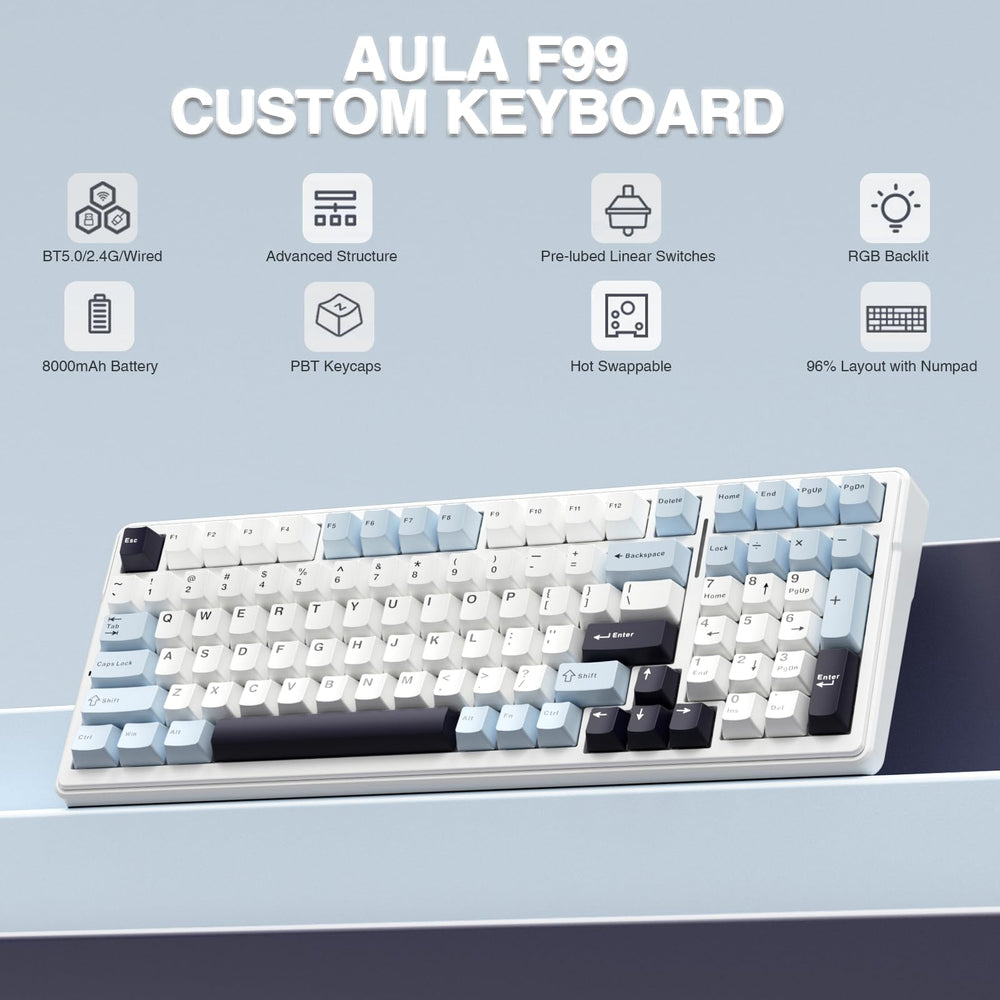 AULA F99 bottom-case view highlighting compact 96% layout