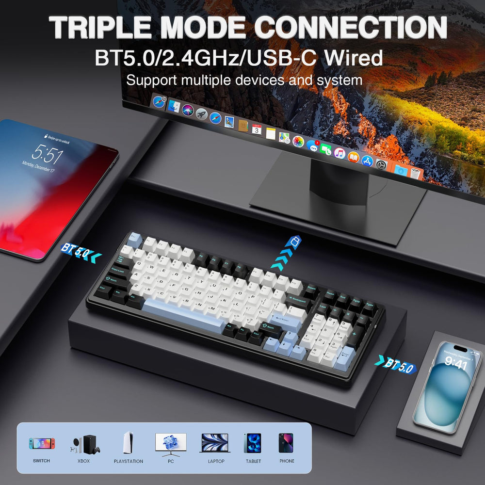 AULA F99 hot-swappable PCB enables easy switch and keycap changes.