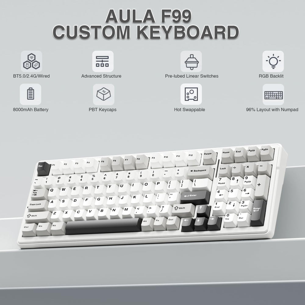 AULA F99 hot-swappable switches allow easy customization for personalized typing.