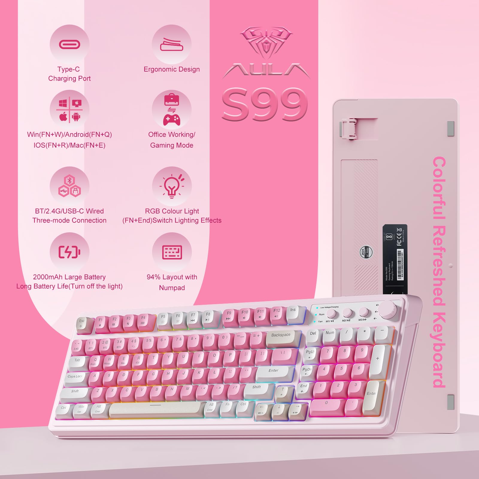 AULA S99 RGB backlit keys illuminate in low light for precise typing.
