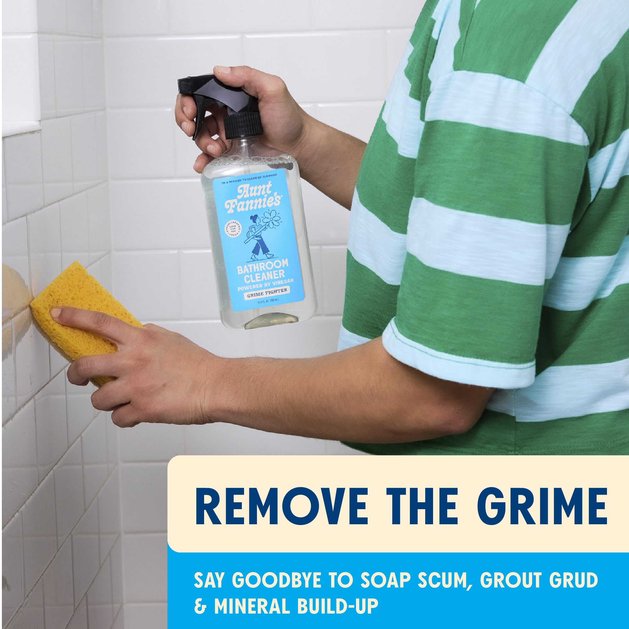 Aunt Fannie's all-purpose bathroom cleaner close-up of foam indicates a gentle plant-based formula for safe cleaning.