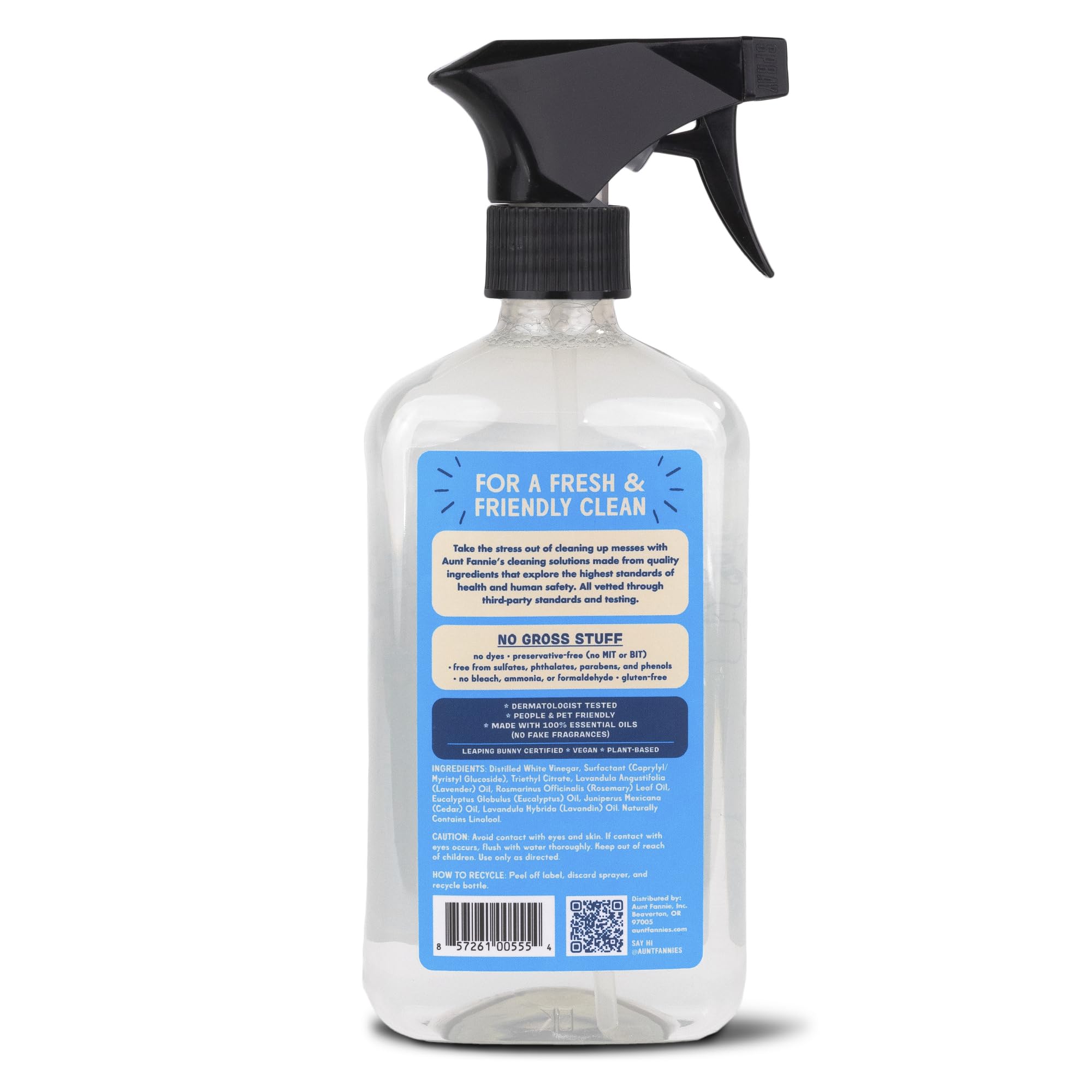 Aunt Fannie's all-purpose bathroom cleaner label indicates EWG A-rated safety for households with kids and pets.