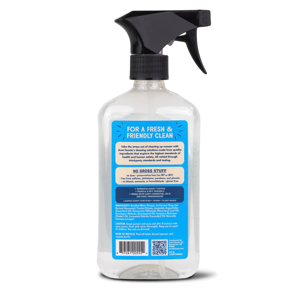 Aunt Fannie's all-purpose bathroom cleaner label indicates EWG A-rated safety for households with kids and pets.